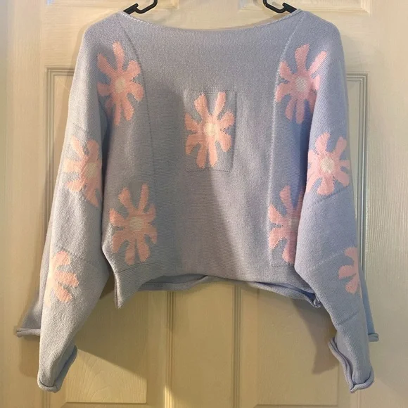Kawaii Cute Adorable Floral Blue and Pink Knit Sweater - Picture 7 of 12